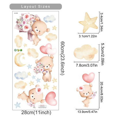 Kids & Nursery Wall Stickers – Watercolour Bears, Hearts & More | Self-Adhesive Peel & Stick | Nursery, Bedroom & Playroom Decor
