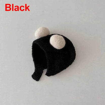 Black kids winter ear protection hat with soft fleece earmuffs and pom-poms