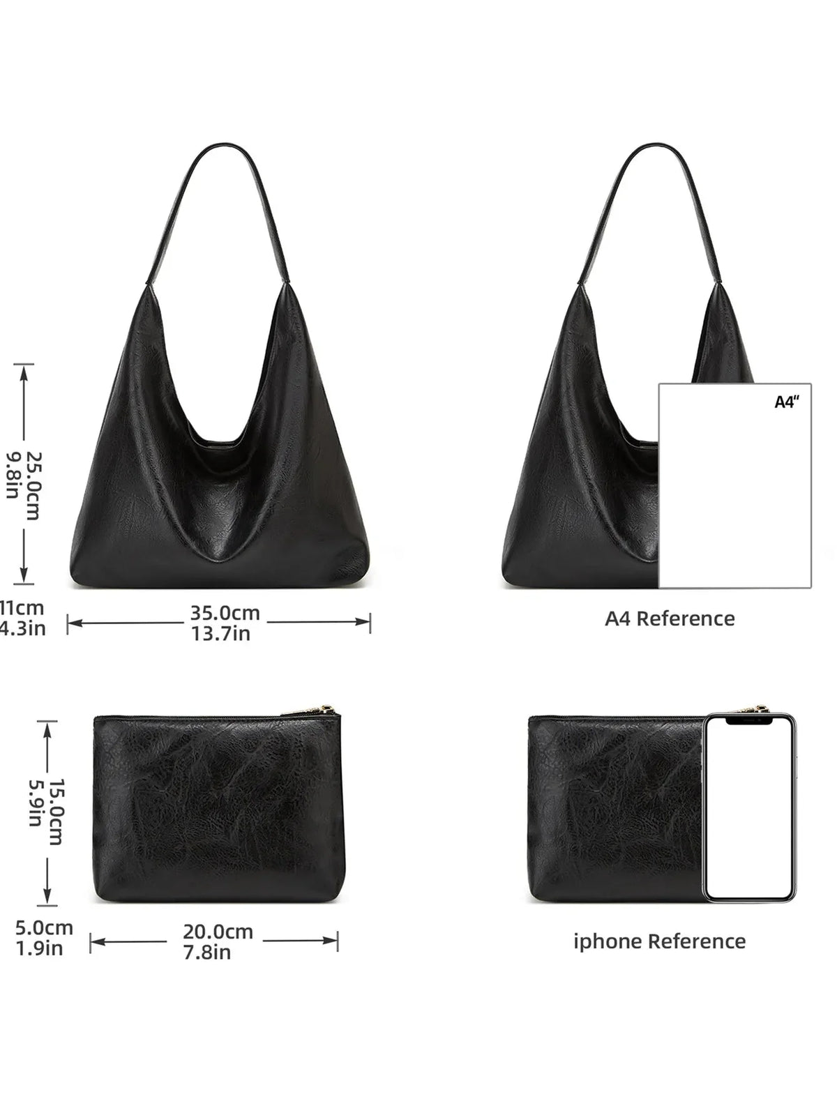 Black shoulder tote bag with zip pouch; size diagram and phone reference