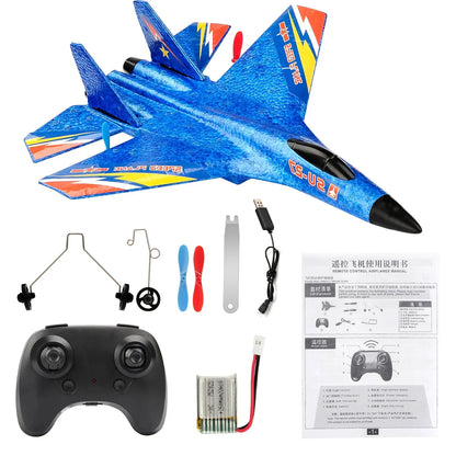 Blue EPP RC airplane with controller and spare parts kit, ready-to-fly toy