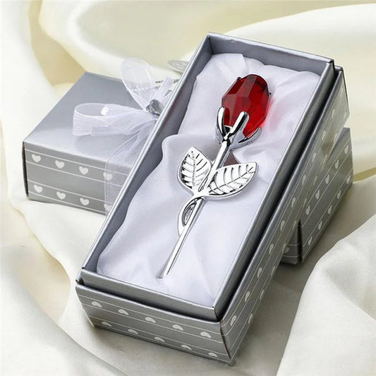 Crystal rose flower figurine with red gem head, silver stem and leaves in gift box