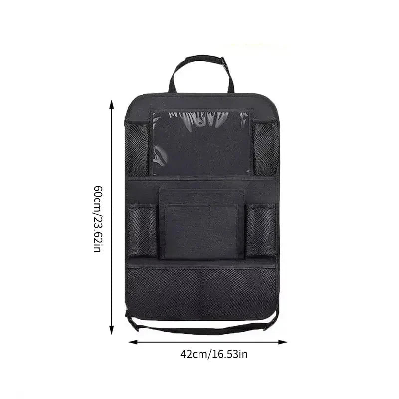 Black seatback organizer size diagram: 42cm wide and 73.8cm tall with front pocket panels.