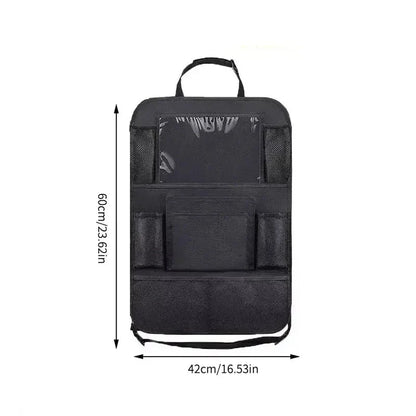 Black seatback organizer size diagram: 42cm wide and 73.8cm tall with front pocket panels.
