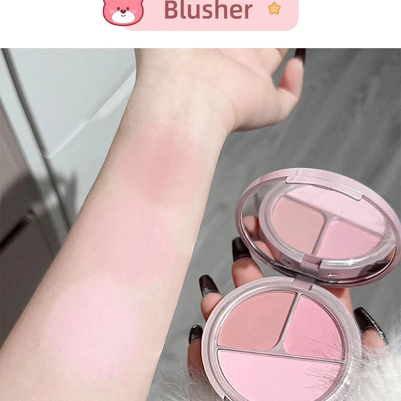 Pink blush compact with two-pan pressed powder and matching mirrored lid