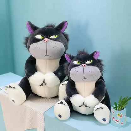 Set of two plush cat dolls, dark gray with green eyes and purple ear accents