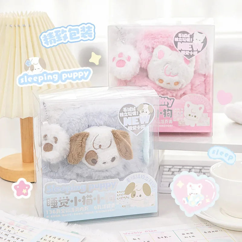 Plush sleepy puppy and cat notebook set in box, with pink and blue fuzzy covers and plush accents