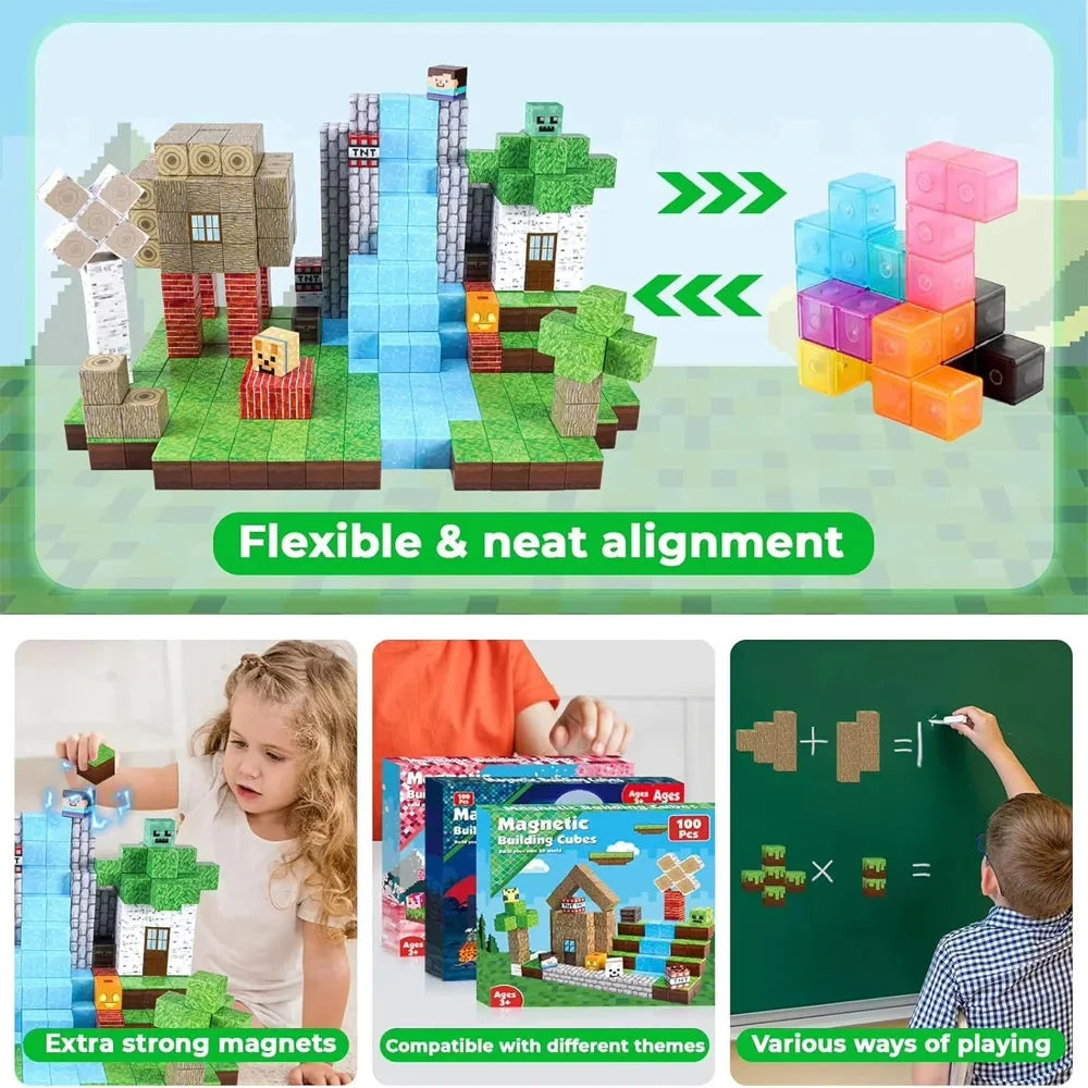 Magnetic block playset with colorful cube buildings and character figures on a green base