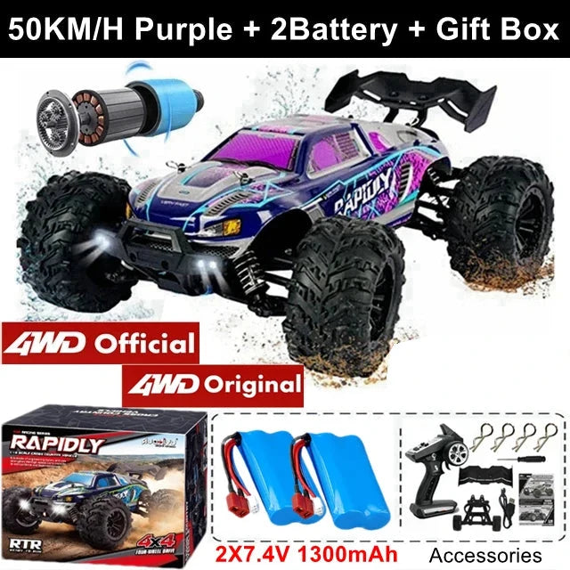 Purple 1:16 4x4 RC off-road truck with large tread tires, ready-to-run.
