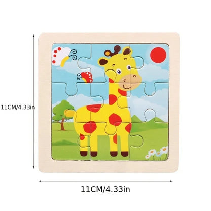 Kids wooden jigsaw puzzle with cartoon giraffe in colorful framed board