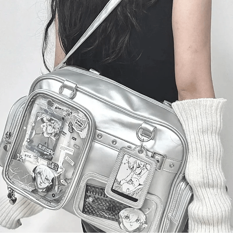 Pastel crossbody bag, silver, front clear pouch with character keychain charm
