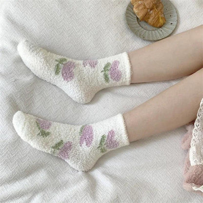 Soft plush sleeping socks, off-white with pastel heart and green leaf patterns