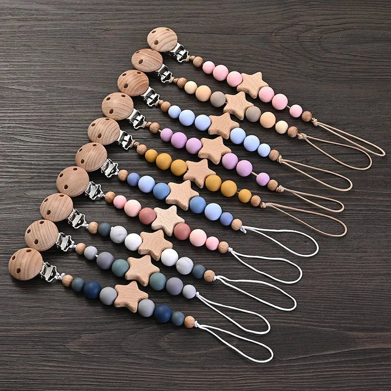 Baby pacifier clip teether chain with wooden star teether and silicone beads, assorted colors