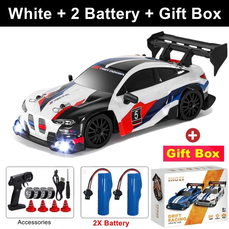 White RC drift racing car with rear wing, 2 batteries, gift box