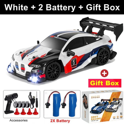 White RC drift racing car with rear wing, 2 batteries, gift box
