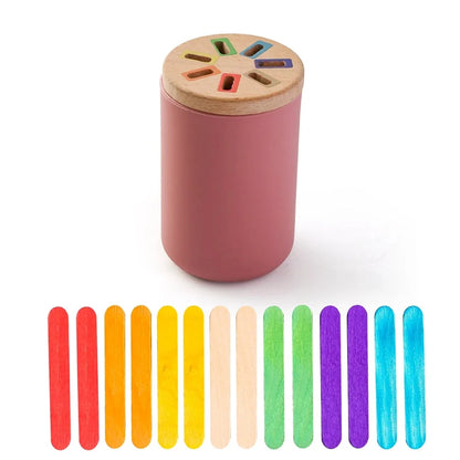 Montessori Colour Sorting Stick & Pot Toy – Wooden Rainbow Sticks, Colour Discs & Holed Lid | BPA-Free | Toddler Learning & Birthday Gift