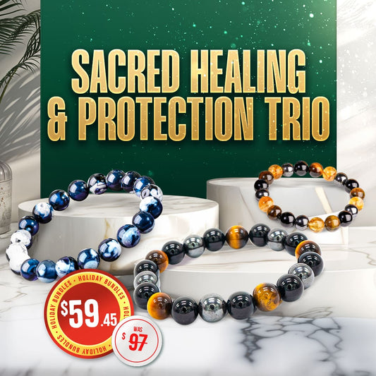 Beaded bracelet trio with blue, black, and amber beads arranged on display