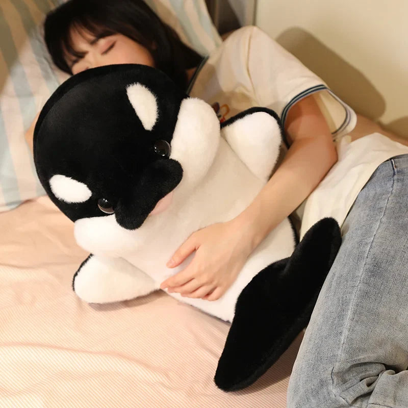 Black and white dolphin plush cuddled in arms, facing left with rounded nose.