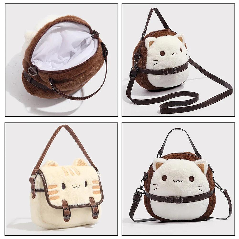 Cat plush handbag shown with open top lining and crossbody strap, from multiple angles.