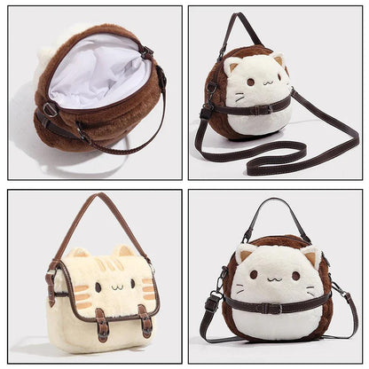 Cat plush handbag shown with open top lining and crossbody strap, from multiple angles.