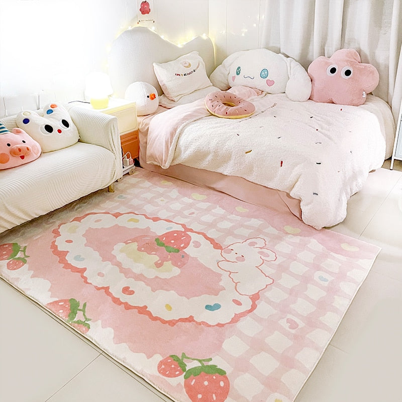 Pastel plush area rug with rabbit and floral pattern, peach and cream with light accents