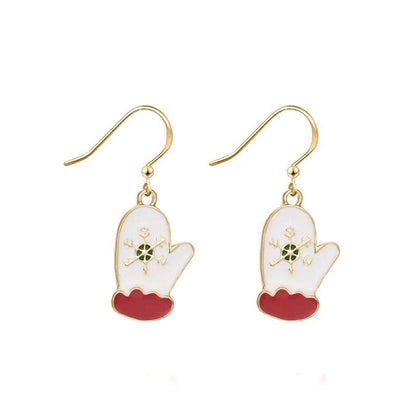 Gold drop earrings: white stocking with gold snowflake and red cuff