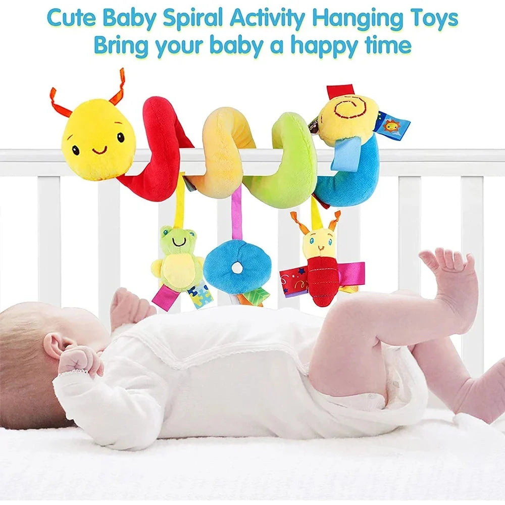 Cute baby spiral activity hanging toys with soft figures over a crib rail
