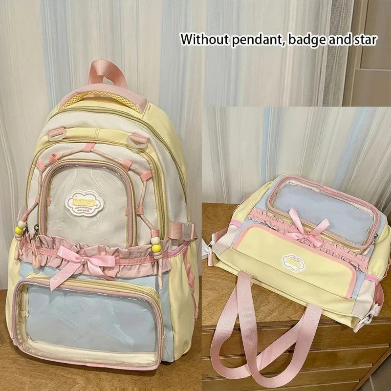 Pastel backpack and tote set, pale yellow with cloud patch and pink bow ruffle trim