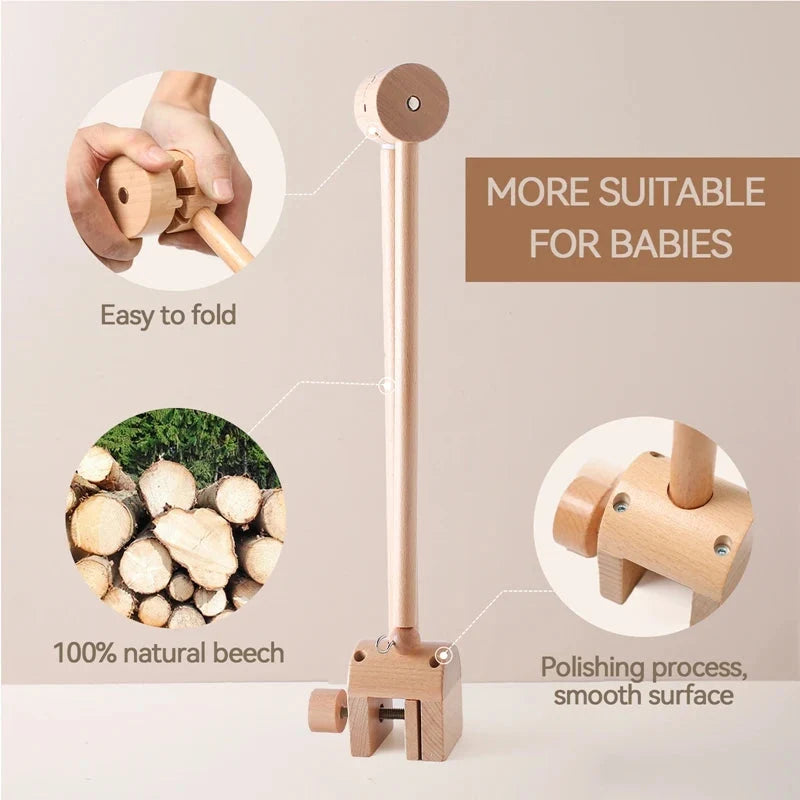 Wooden baby crib mobile holder stand with foldable base and polished beech finish