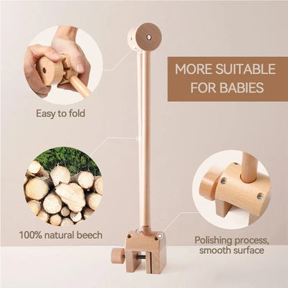 Wooden baby crib mobile holder stand with foldable base and polished beech finish