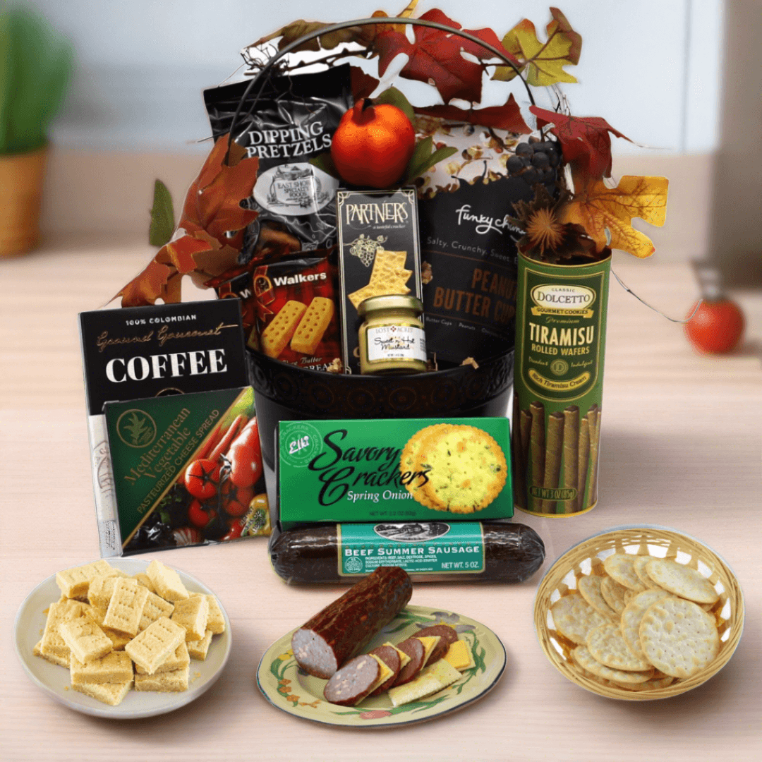 Snack gift basket with pretzels, crackers, coffee, wafers, sausage, and cookie jar