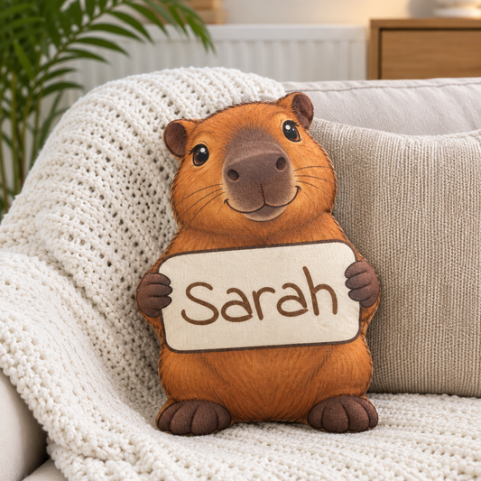 Personalized capybara plush pillow with white name sign reading Sarah, sitting on sofa.
