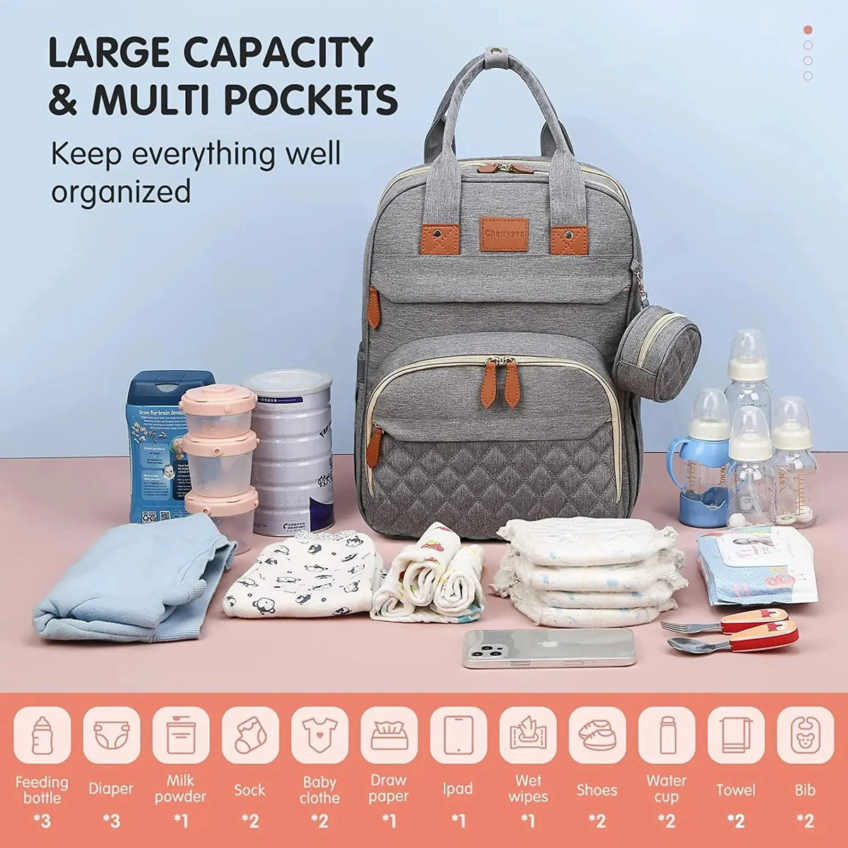 Gray diaper bag backpack with multiple pockets and foldable baby bed for organizing baby items.