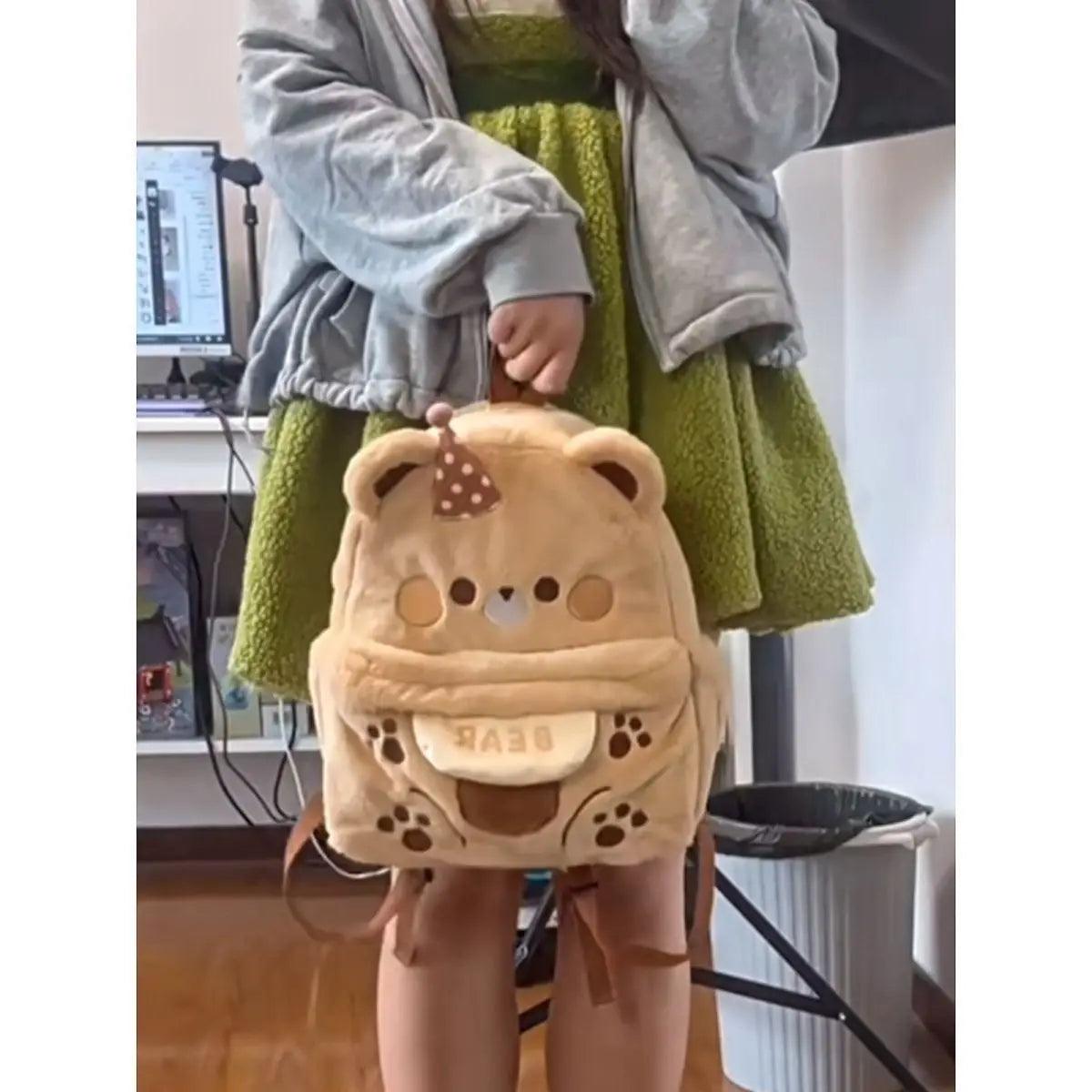 Plush bear backpack light tan with cute bear face front pocket and hanging straps
