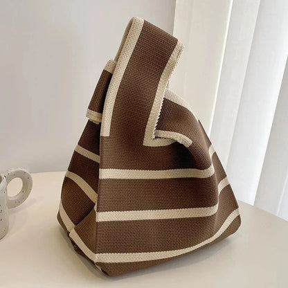Handmade knitted mini tote handbag, brown with cream striped bands and top handle