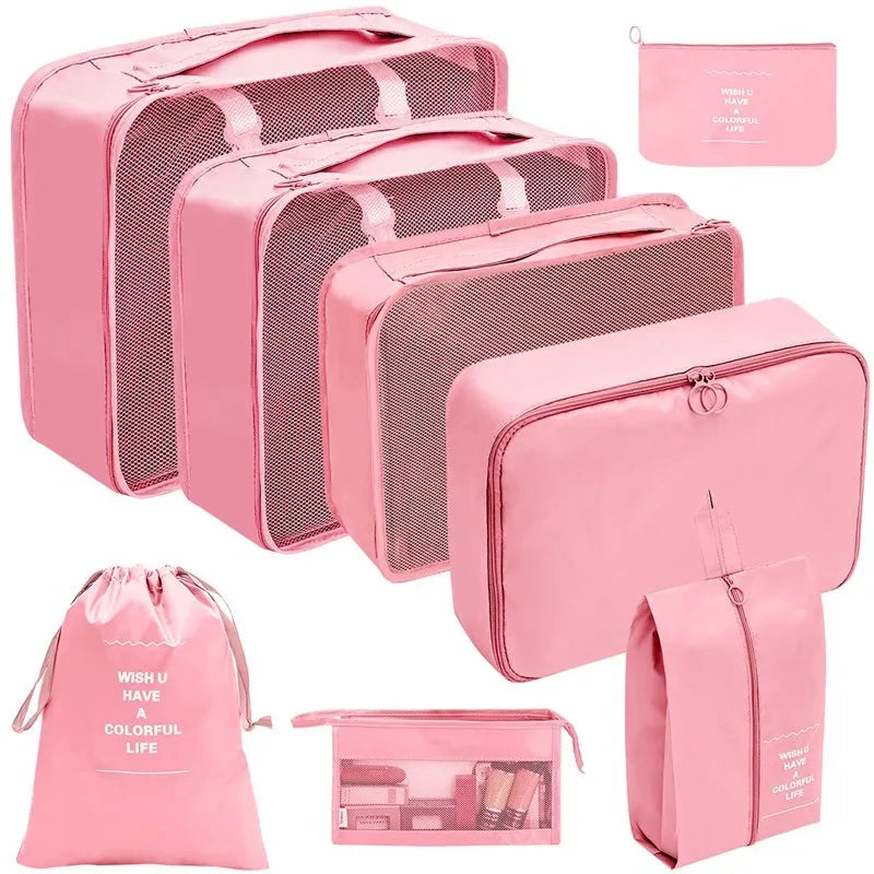 Pink travel packing organizer cubes set with mesh tops and matching zip pouches