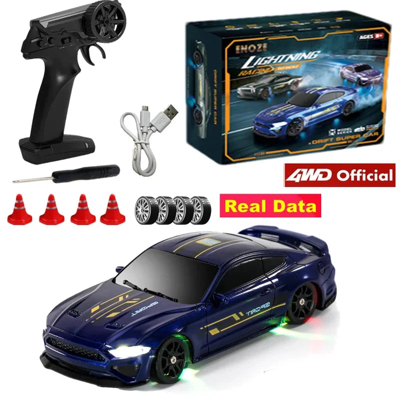 1/43 blue RC drift racing car with LED headlights and green underglow
