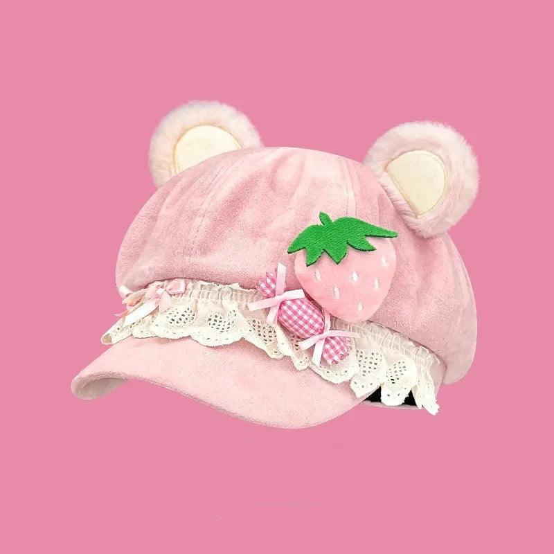 Pink strawberry bear hat with lace trim and strawberry patch, bow detail