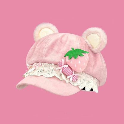 Pink strawberry bear hat with lace trim and strawberry patch, bow detail
