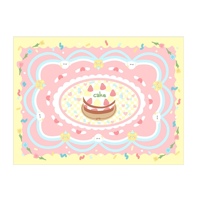 Pastel yellow plush area rug with central cake, rainbow swirls, and small animal faces