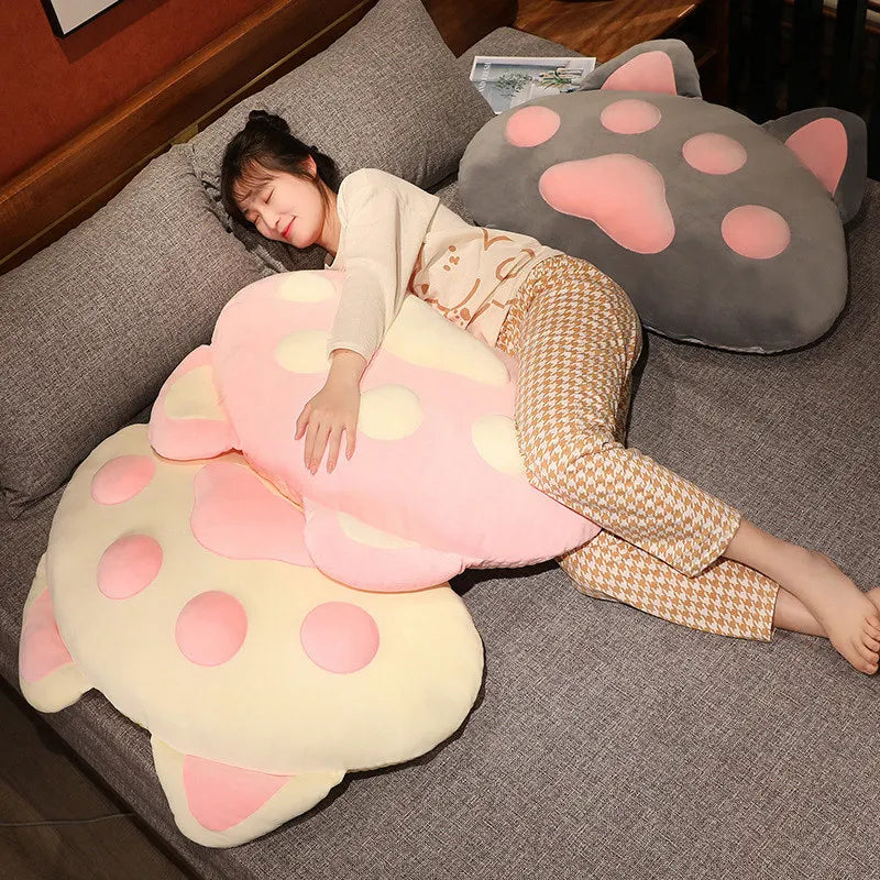 Kawaii Giant Cat Paw Pillow – Cute Cotton Cushion | Pink, Grey & White | 60x40cm & 90x55cm