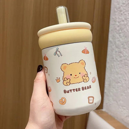Butter Bear thermos cup with cream lid, clear straw, white body with bear and icons