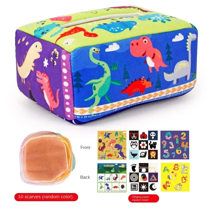 Dinosaur fabric tissue box cover with colorful purple blue animal print