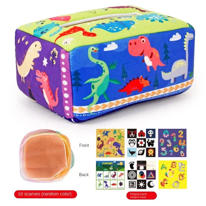 Dinosaur fabric tissue box cover with colorful purple blue animal print