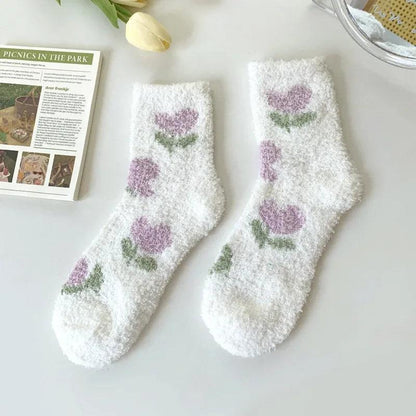Soft plush sleeping socks, white with purple and green strawberry motifs