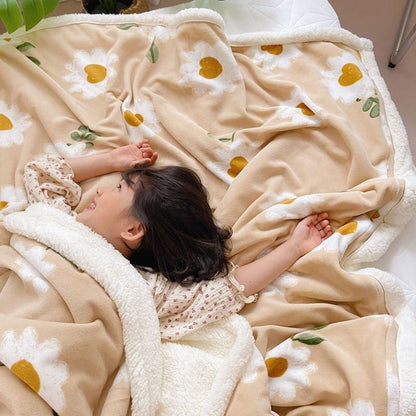 Lamb fleece blanket with tan base, yellow fruit print, and fuzzy sherpa trim