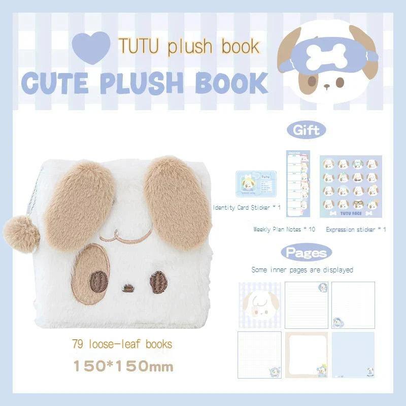 Tan plush puppy notebook with fuzzy ears and embroidered face details