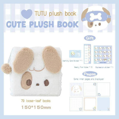 Tan plush puppy notebook with fuzzy ears and embroidered face details