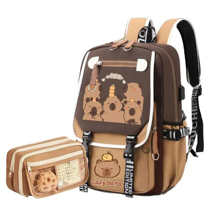 Kawaii Capybara Backpack with Pencil Case – Cute School Bag Set for Teens & Adults
