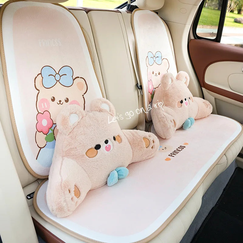 Kawaii Plush Bear Car Seat Accessories – Cute Headrest, Backrest & Pad Options