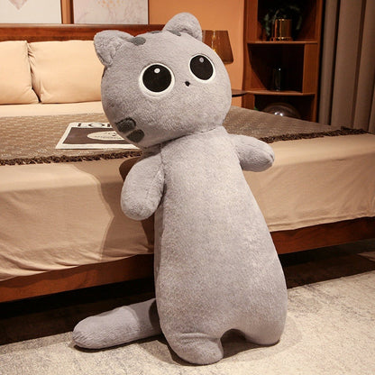 Gray cat plush body pillow with oversized black-and-white eyes and plush ears
